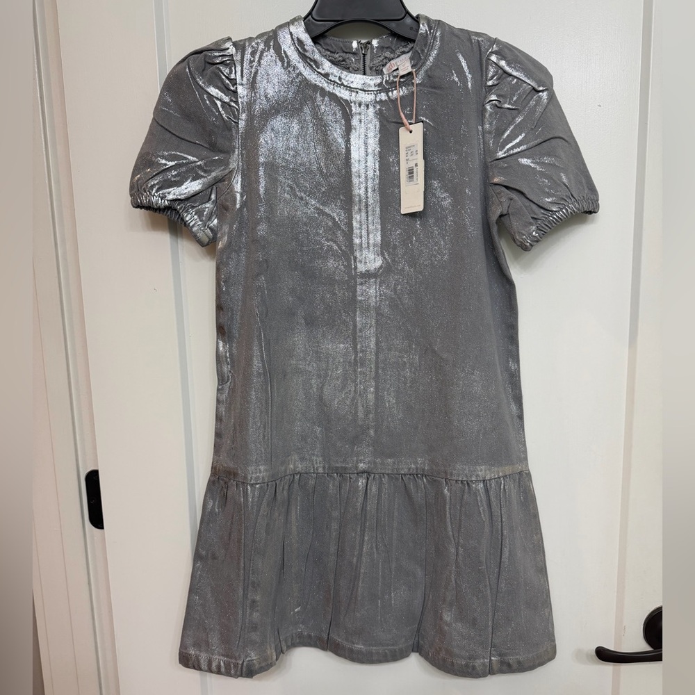 NWT, GB girls Metallic Silver Puff-Sleeve Party Dress SZ 12